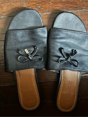 Coach Black Leather Slide Mules with Knotted Bow Accent